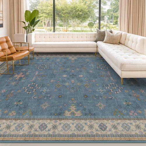 Hazo Haus Boho Area Rug - Soft Dark Blue 9x12 Washable Non-Slip Design for Living Room & Bedroom Decor