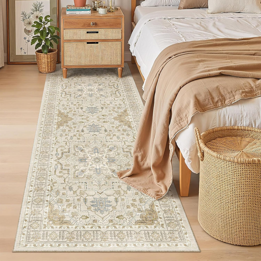 Madane Hallway Runner - Vintage Washable 3x8 Kitchen Rug | Non-Slip Indoor Area Carpet in Beige/Blue