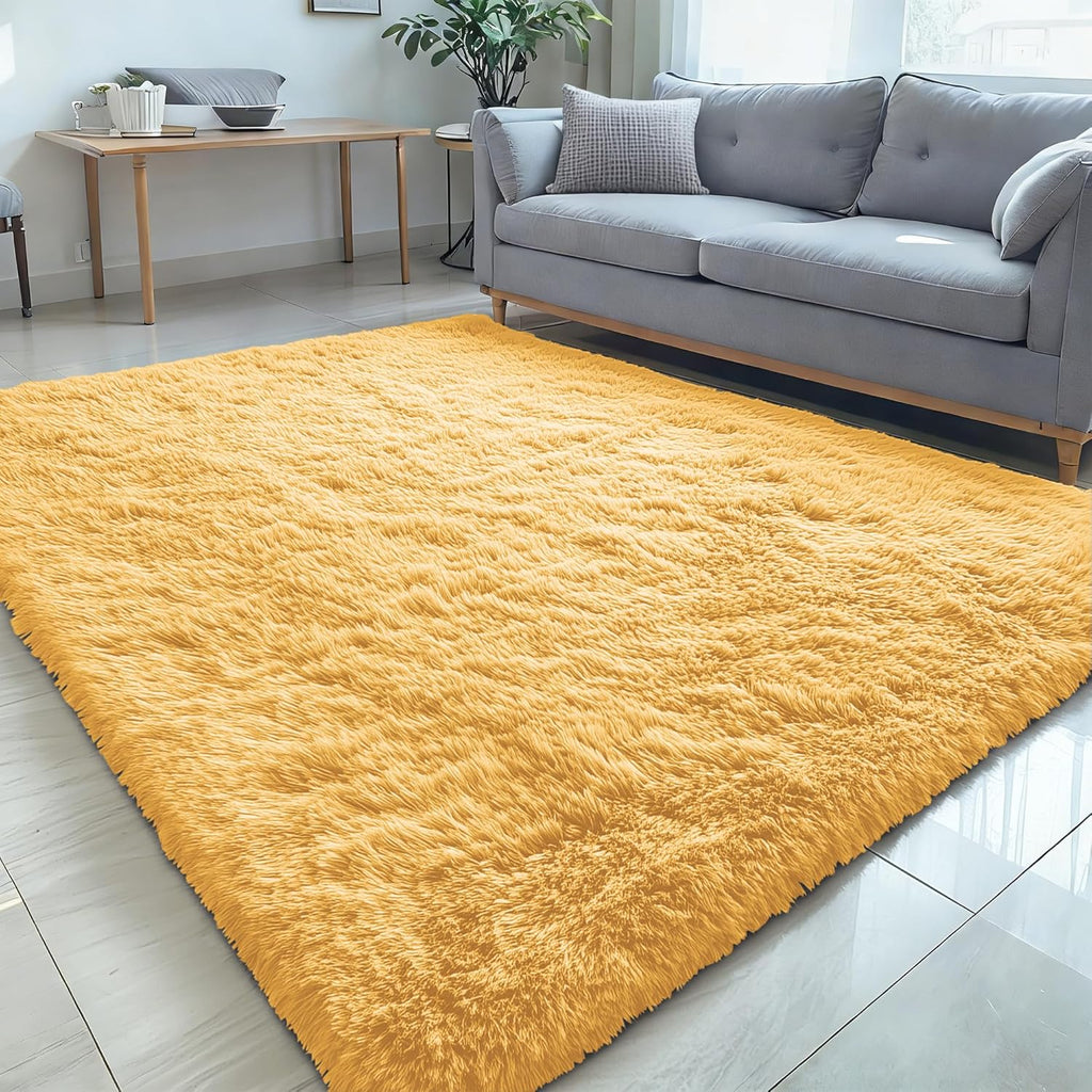 OLANLY 5x7 Large Area Rug - Soft Fluffy Shaggy Carpet for Living Room & Bedroom | Mustard Yellow