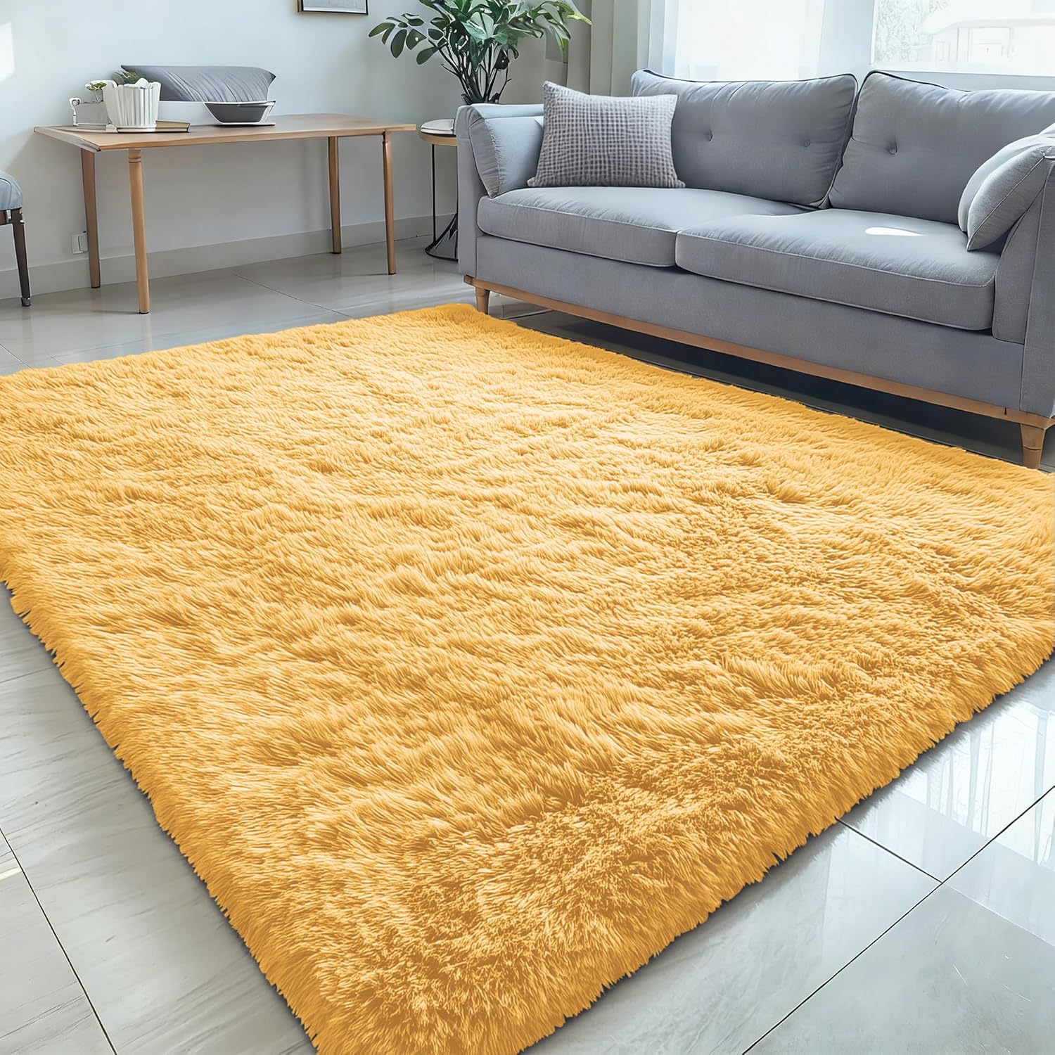 OLANLY 5x7 Large Area Rug - Soft Fluffy Shaggy Carpet for Living Room & Bedroom | Mustard Yellow