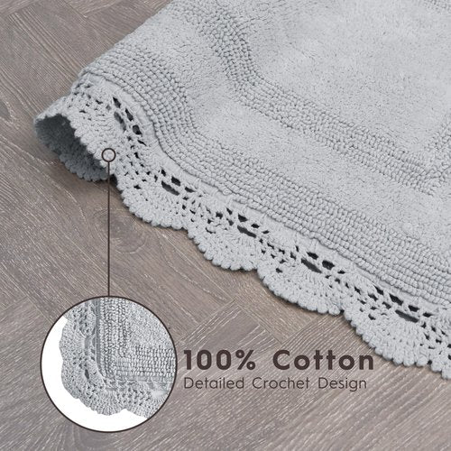 Laura Ashley Absorbent Bath Mat Reversible Crochet Soft and Plush Bathroom Mat 100% Cotton 21x34 Bath Rug, Light Grey
