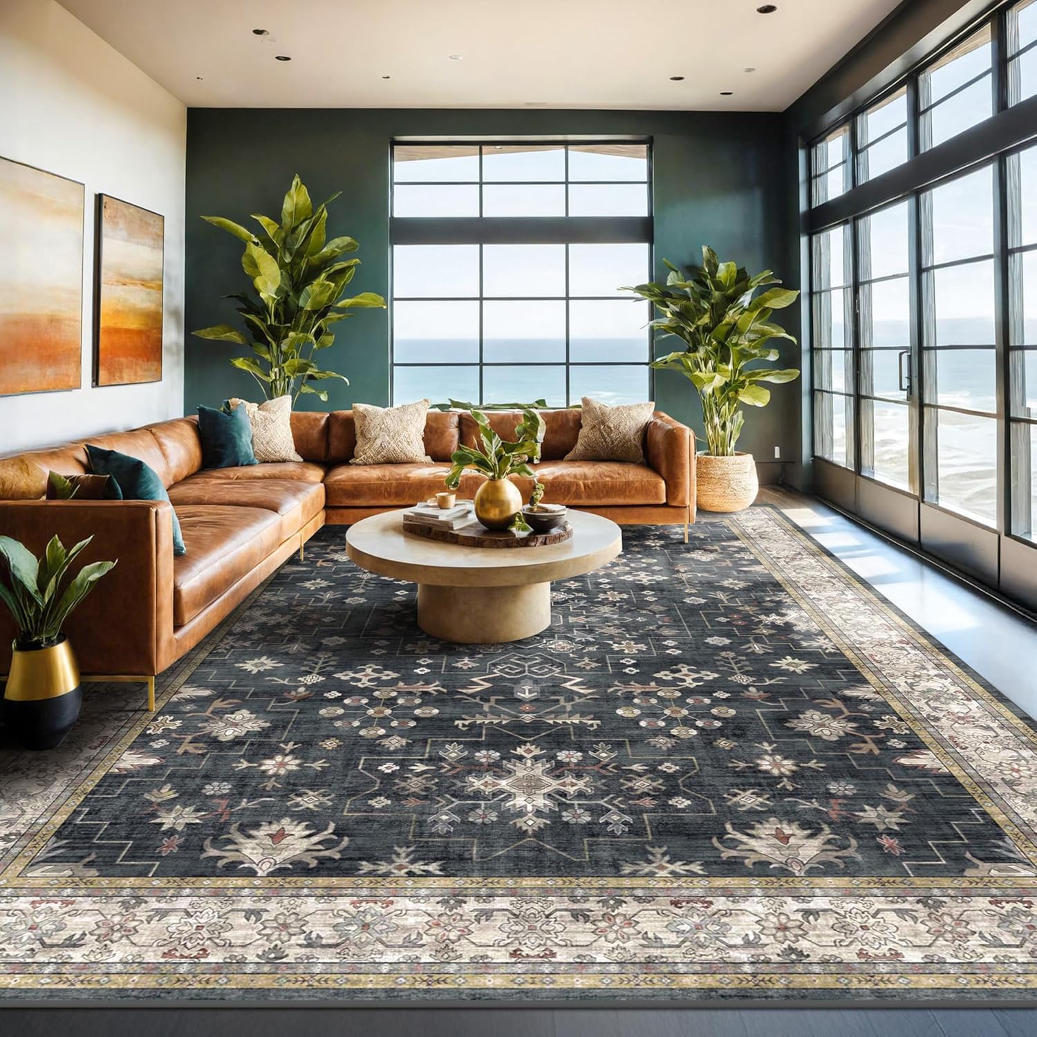 Boho Black Rug - Washable 10x14 Area Rug for Living Room | Soft Low Pile Carpet, Non-Slip & Stain Resistant