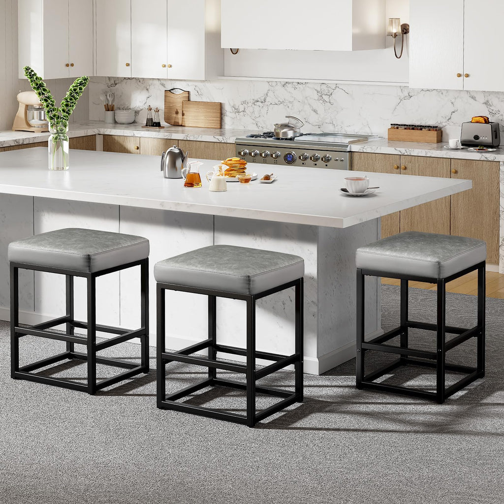 Raynesys Counter Height Bar Stools Set of 2, 24" Barstools for Kitchen Countertop, Faux Leather Counter Stools with Thick Square Seats & Sturdy Metal Base, Simple Assembly, Brown