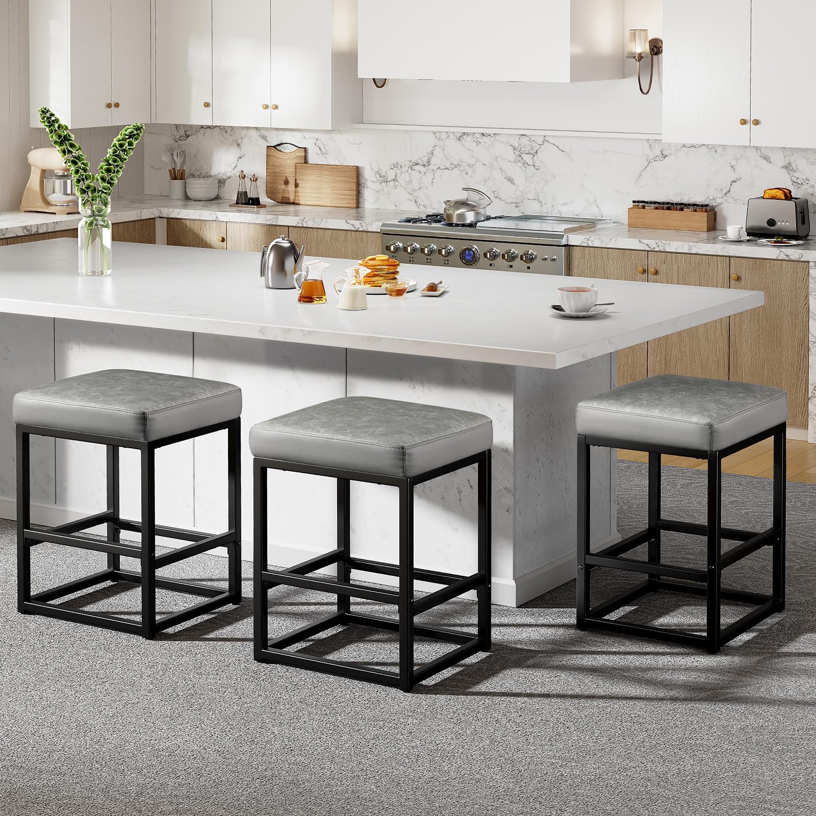 Raynesys Counter Height Bar Stools Set of 2, 24" Barstools for Kitchen Countertop, Faux Leather Counter Stools with Thick Square Seats & Sturdy Metal Base, Simple Assembly, Brown