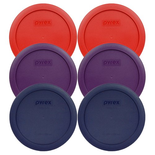 Pyrex 7201-PC 4-Cup (2) Poppy Red, (2) Purple, & (2) Blue Food Storage Replacement Lids - Made in USA