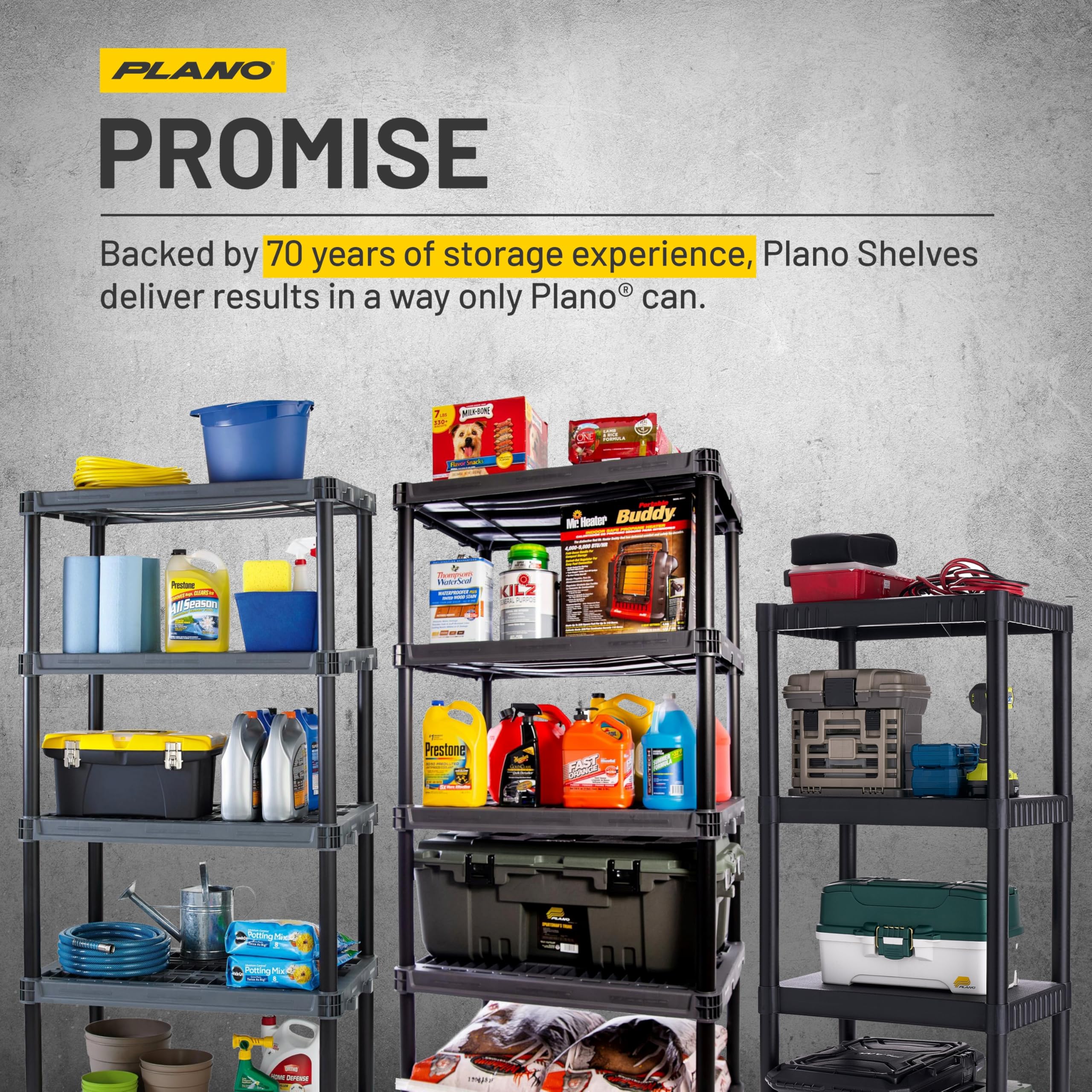 Plano 4-Shelf Plastic Storage Shelves, 48” x 23” x 14”, 200lb Capacity, Pantry, Office, Closet and Garage Shelves, Easy to Assemble, Durable Plastic Shelving Unit
