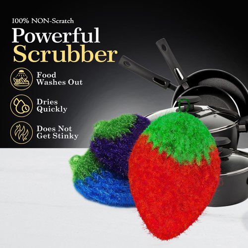 Fun Dish Scrubber by Dish Scrubbie (3PK Mix) - Fruit Shaped Kitchen Sponge Washing Dishes - Reusable Sponges for Scrubbing, Cleaning, Dishwashing - No Odor Sponges Kitchen Scrubbers
