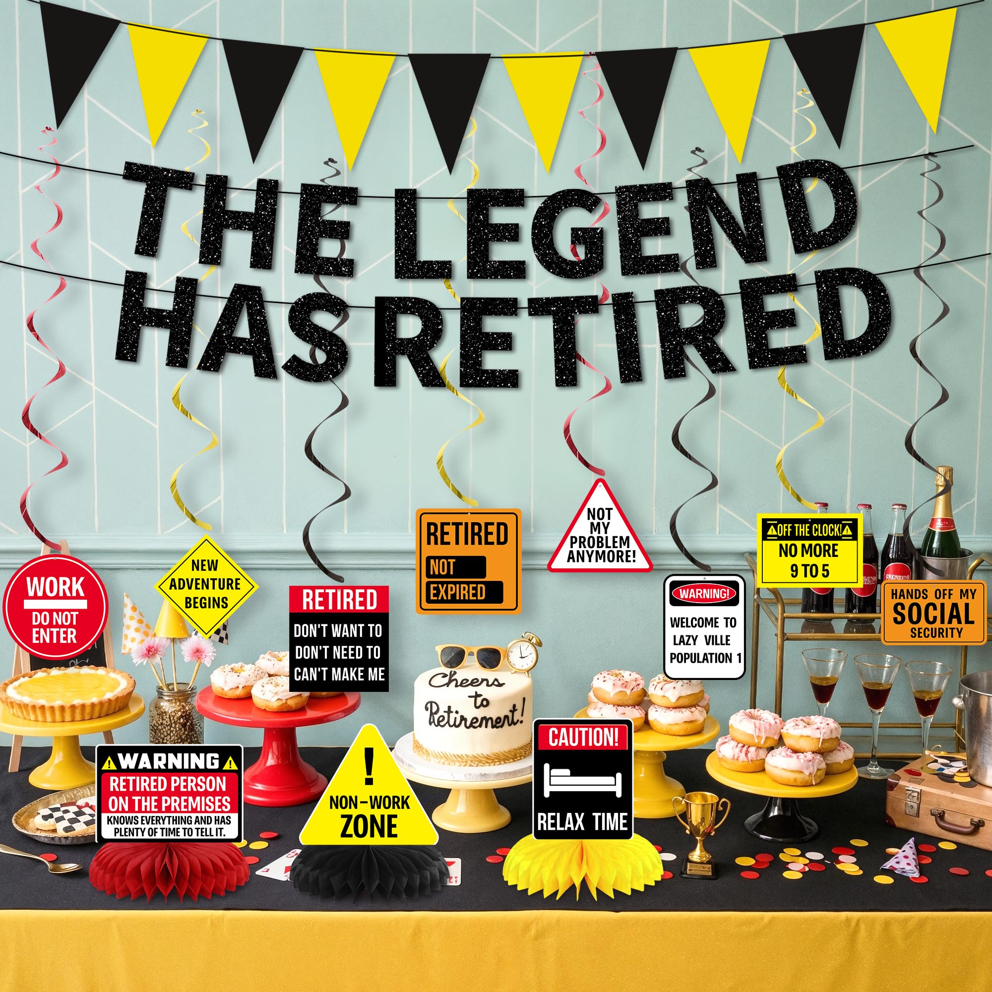 Roetyce Retirement Decorations Men Women, Caution Happy Retirement Banner Hanging Swirls Centerpieces Kit, Funny Legend Retired Party Supplies Backdrop for Coworker Family