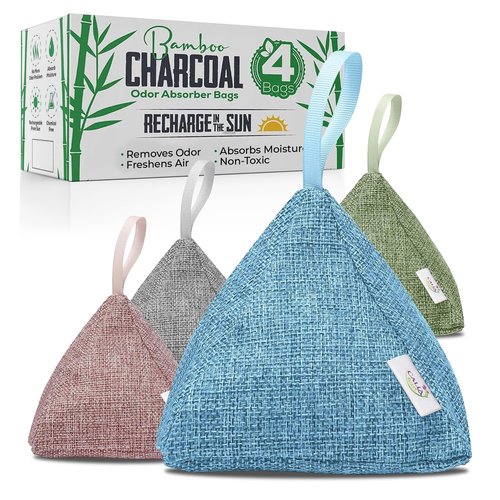 4 Pack Bamboo Charcoal Air Purifier Bags 200 Grams Each - Activated Charcoal Odor Absorber for Car, Pets & Closet - Natural Freshener for Home, Eco-Friendly & Reusable Charcoal Bags (Designer Colors)