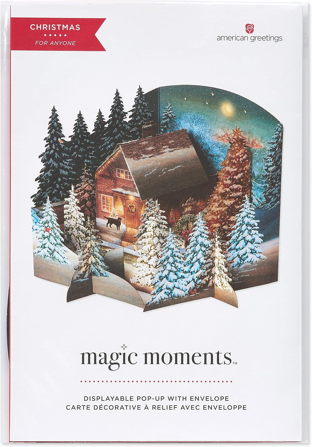 American Greetings 3D Holiday Card - Magic Moments Rustic Cottage in Winter Pine Forest