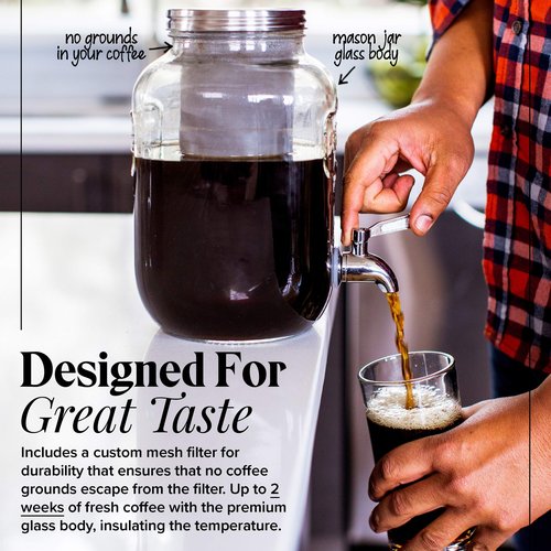 Willow & Everett Cold Brew Coffee & Iced-Tea Maker Pitcher, 1 Gal Glass Dispenser w/Metal Spigot & Mesh Filter Iced Coffee & Sun Tea Brewing System