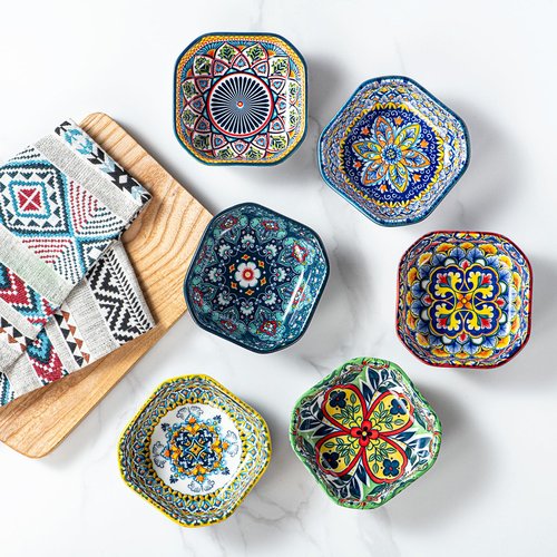 HENXFEN LEAD Boho Dipping Bowls – 8 oz Small Ceramic Snack Bowls, Square Soy Sauce Dish for Dips, Salsa, Side Dishes, Dessert – 4.3 Inch Appetizer Plates Set of 6