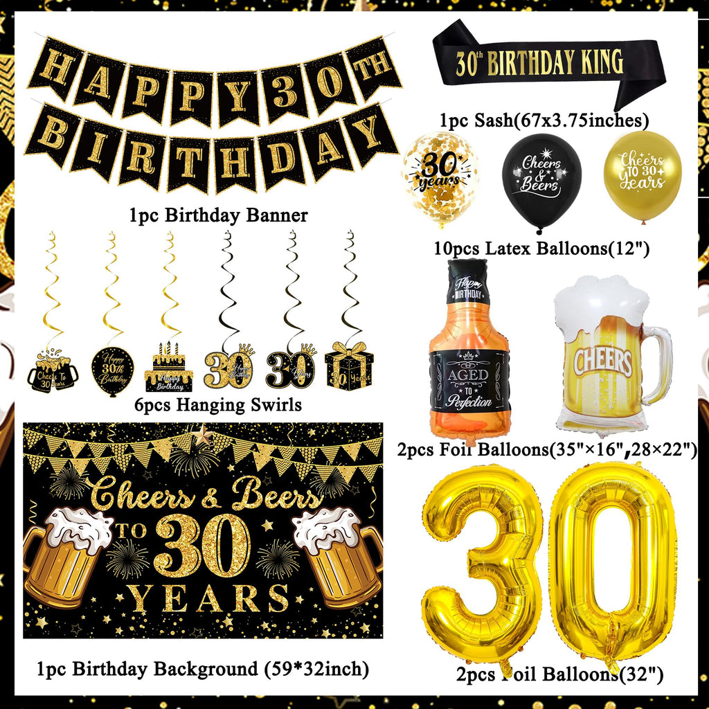 Vlipoeasn 30th Birthday Decorations for Him, Cheers and Beers to 30 Years Decorations for Men, Happy 30th Birthday Decor Kit with Backdrop Banner, King Sash