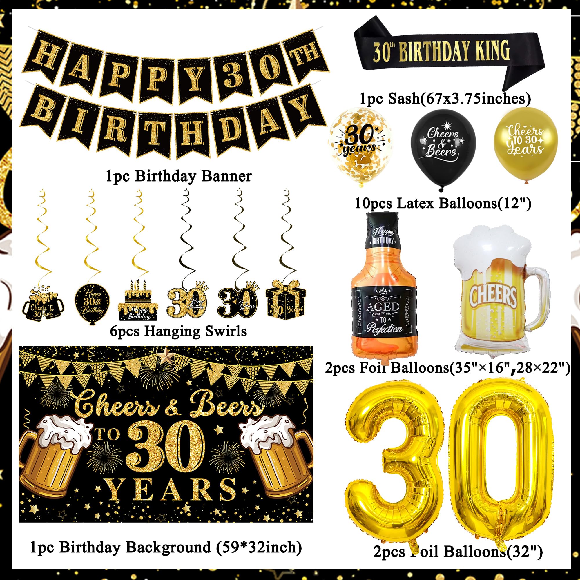 Vlipoeasn 30th Birthday Decorations for Him, Cheers and Beers to 30 Years Decorations for Men, Happy 30th Birthday Decor Kit with Backdrop Banner, King Sash