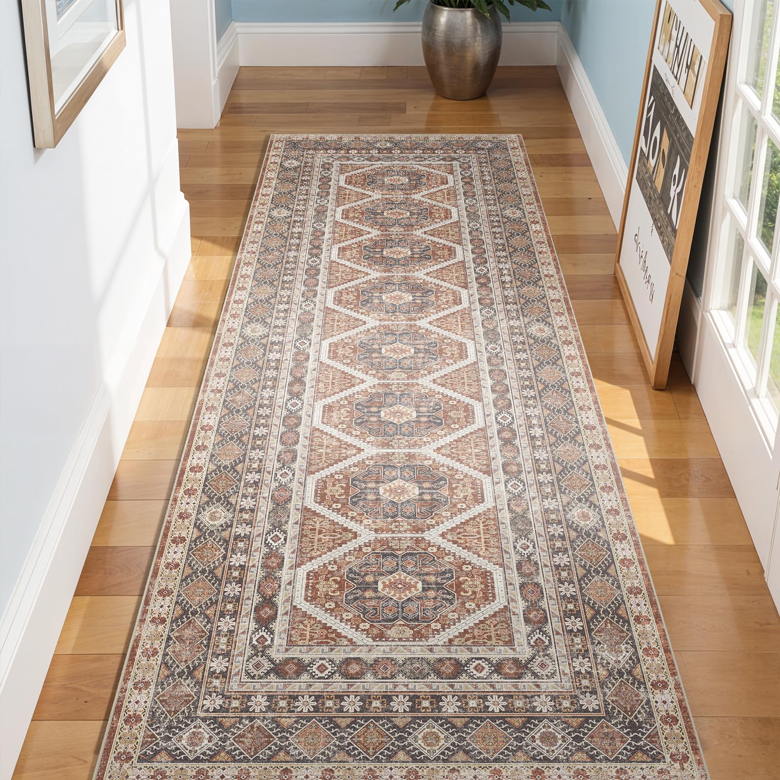3x8 Runner Rug Kitchen Washable: Oriental Indoor Hallway Runners with Non Slip Backing Floor Mat for Entryway Door Low Pile Thin Carpet for Bedroom Bathroom Living Room Bedside Brick