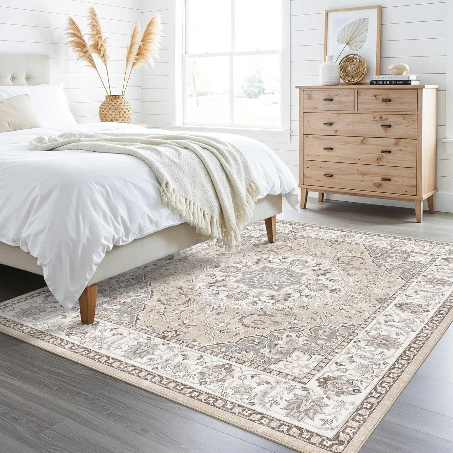 Skiennix 6ft Square Area Rug - Washable Oriental Design | Non-Slip, Water-Resistant, Beige 6x6 Carpet