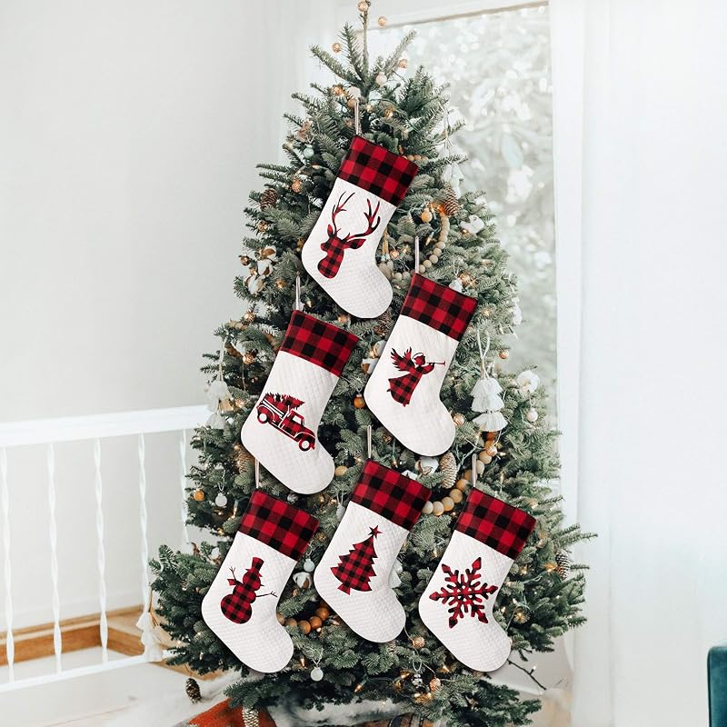 Set of 4 20in Christmas Stockings – Buffalo Plaid Rustic Farmhouse Cotton with White Variation