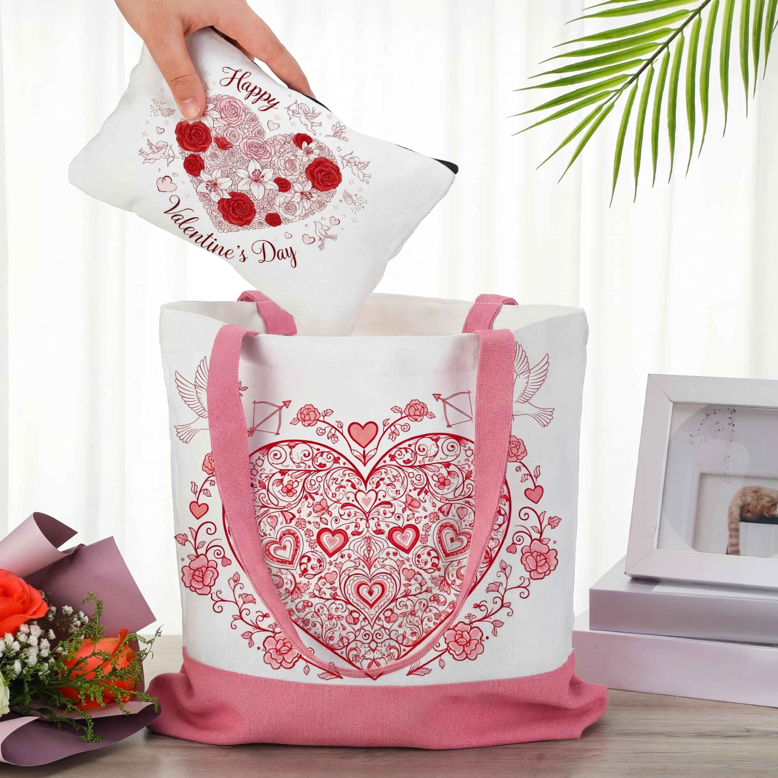 Moukeren 24 Pcs Canvas Tote Bag Bulk with Makeup Bag 13 x 15 Inches Medium 10 oz Lightweight Reusable Grocery Shopping Tote for DIY Sublimation Blank Galentine Valentine's Day Craft Gift Market(Patch)