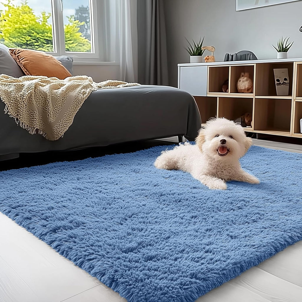 OLANLY Soft Fluffy 3x5 Machine Washable Bedside Rug - Perfect for Kids' Rooms & Home Decor | Blue