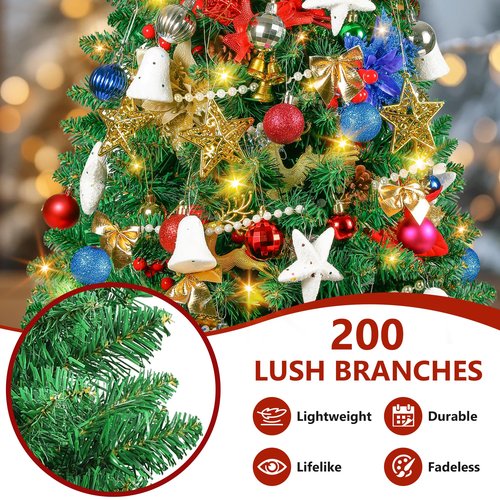 3FT Small Christmas Tree, Tabletop Christmas Trees with 80 LED Lights and 200 Lifelike Branches, Prelit Christmas Tree with 148 Ornaments, Small Xmas Tree for Holiday Indoor DIY Decor