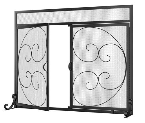 Fire Beauty Fireplace Screen with Magnetic Doors,Handcrafted Wrought Iron Classical Scroll Durable Metal Mesh, Decorative Free Standing Fireplace Spark Guard- Black