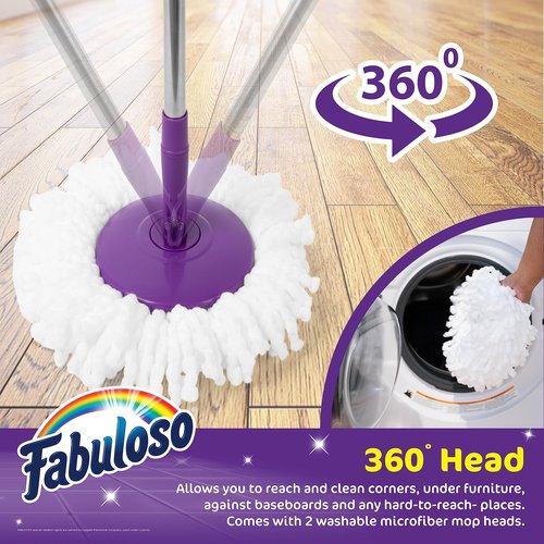 Fabuloso Spin Mop and Bucket, Hands-Free Wringing Spin Bucket - Machine Washable and Replaceable Microfiber Mop Head, Adjustable Pole Length - Clean Your Floors with Ease