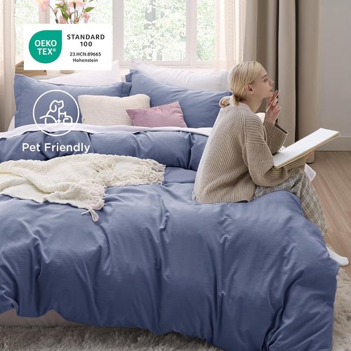 Bedsure Duvet Cover Set - Slate Blue, Full Size, 3 Pieces, Extra Soft Cotton-Like Polyester, Zipper Closure