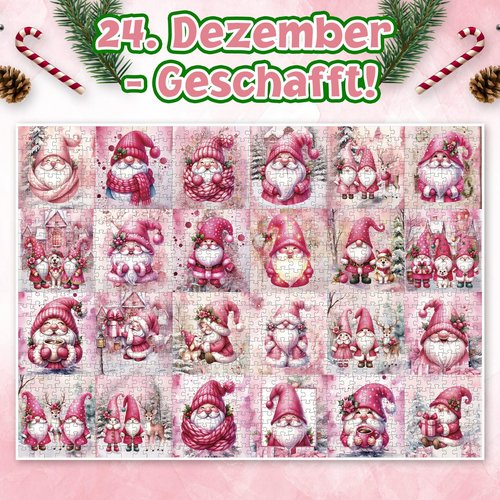 Advent Calendar Puzzle 2025: 1008 Pcs Pink Tomte gnomes Puzzle to Enhance Observation Skills and Boost IQ, 24-Day Christmas Countdown for Kids and Adults