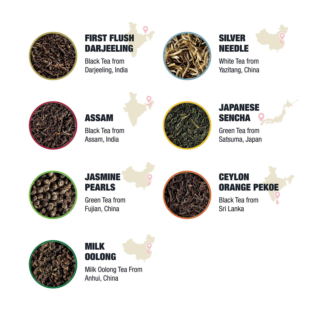Tiesta Tea - Single Origin Tea Sampler Dry Flight Set, Mother's Day Loose Leaf, High to Low Caffeine, Makes Hot & Iced, Assorted Brew Sets with Green, White, Black & Oolong, 7 Sample Pouches