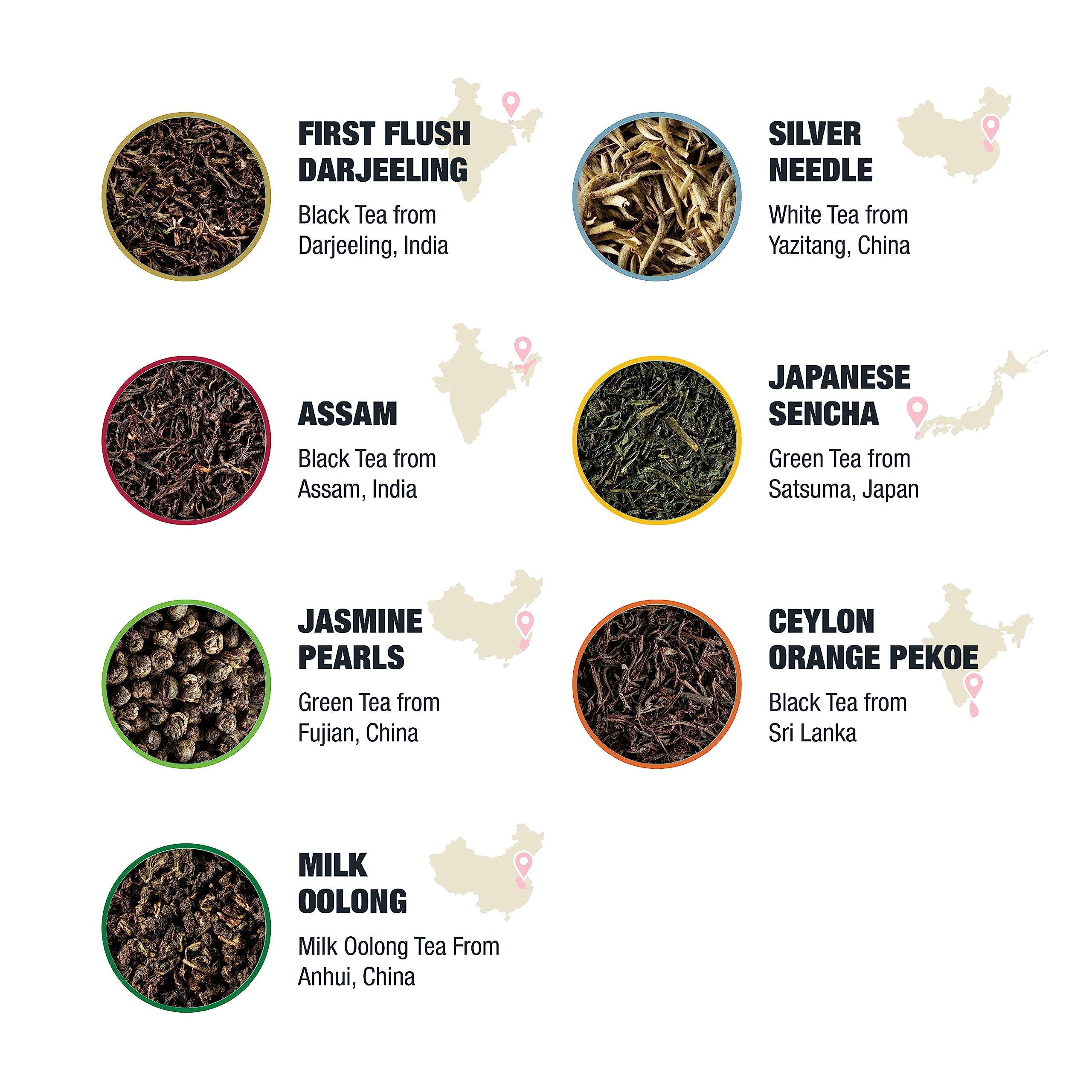 Tiesta Tea - Single Origin Tea Sampler Dry Flight Set, Mother's Day Loose Leaf, High to Low Caffeine, Makes Hot & Iced, Assorted Brew Sets with Green, White, Black & Oolong, 7 Sample Pouches