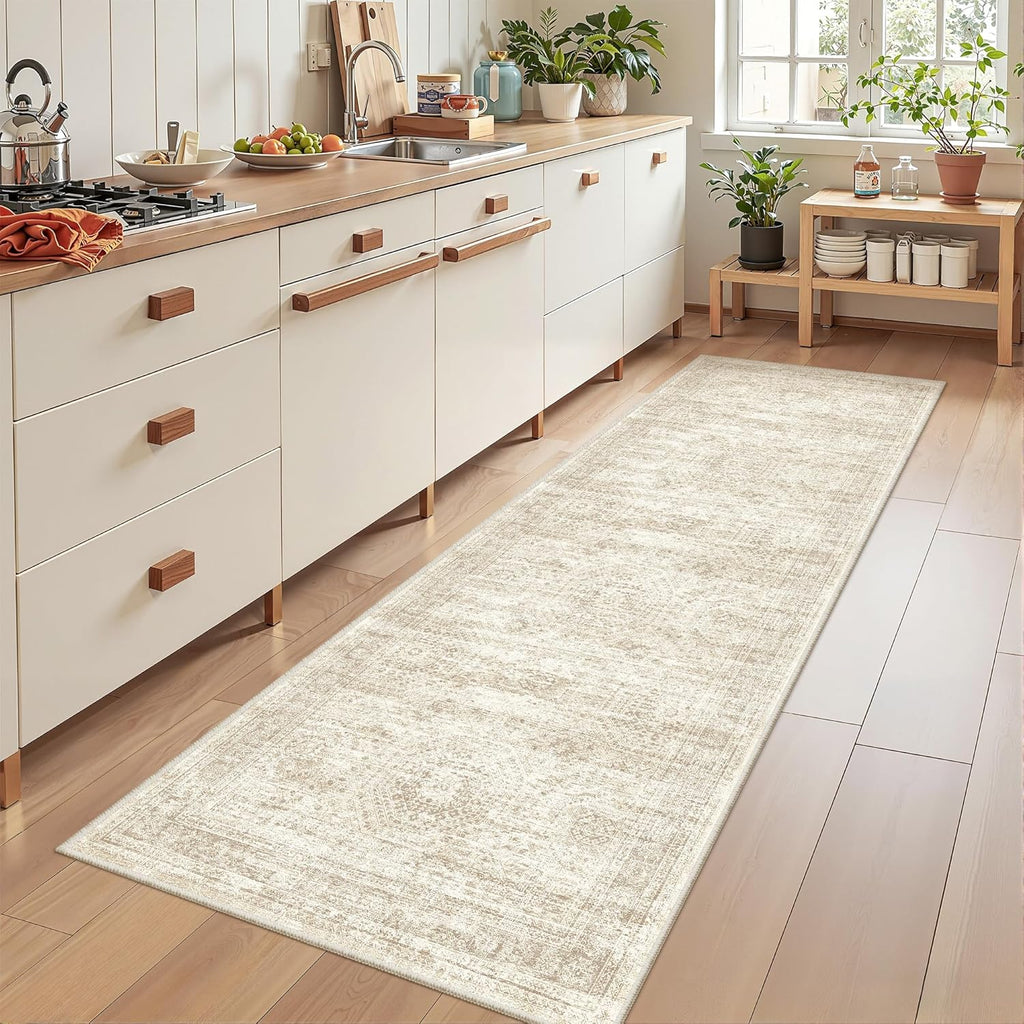 Skiennix Rug Runners for Hallways - Non-Slip 2x8 Runner Rug, Washable Soft Low-Pile Carpet in Beige/Ivory