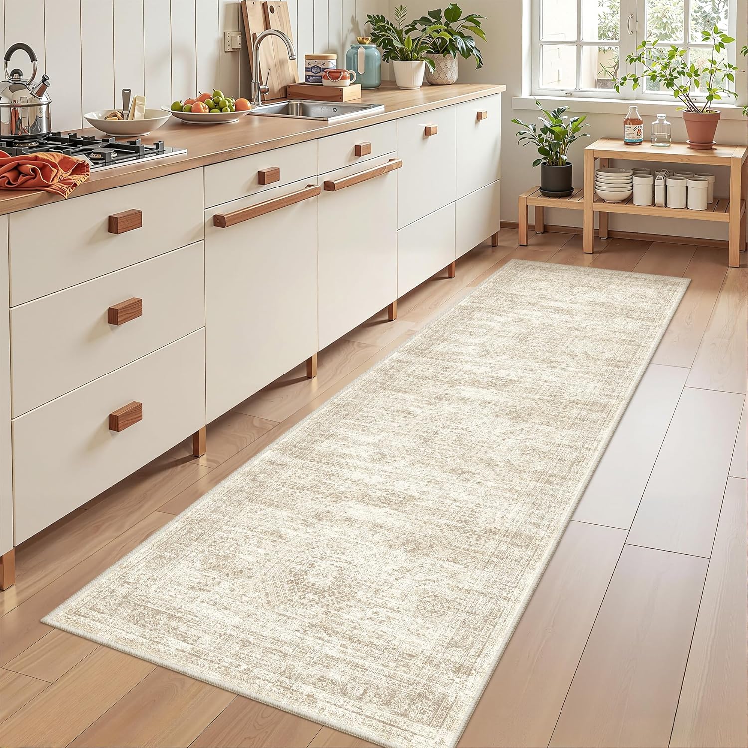 Skiennix Rug Runners for Hallways - Non-Slip 2x8 Runner Rug, Washable Soft Low-Pile Carpet in Beige/Ivory