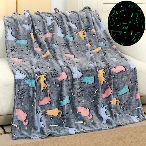 Sviuse Glow in The Dark Cat Blanket Ultra Soft Flannel Throw Gifts for Cats Lovers Girls Kids Twin Size Grey Lovely Kitten Pattern Luminous Blankets for Couch Bed Sofa (60"x80", Cat 9)