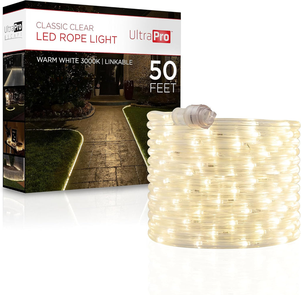 UltraPro LED Rope Lights - 50ft Classic Clear Warm White 3000K - Flexible & Durable Indoor/Outdoor Lighting
