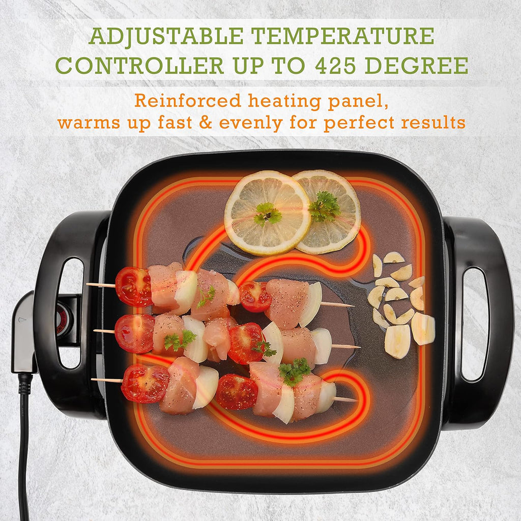 Moss & Stone Nonstick Electric Skillet - 12x12 Inch Aluminum Frying Pan with Vented Glass Lid & Adjustable Temperature Control