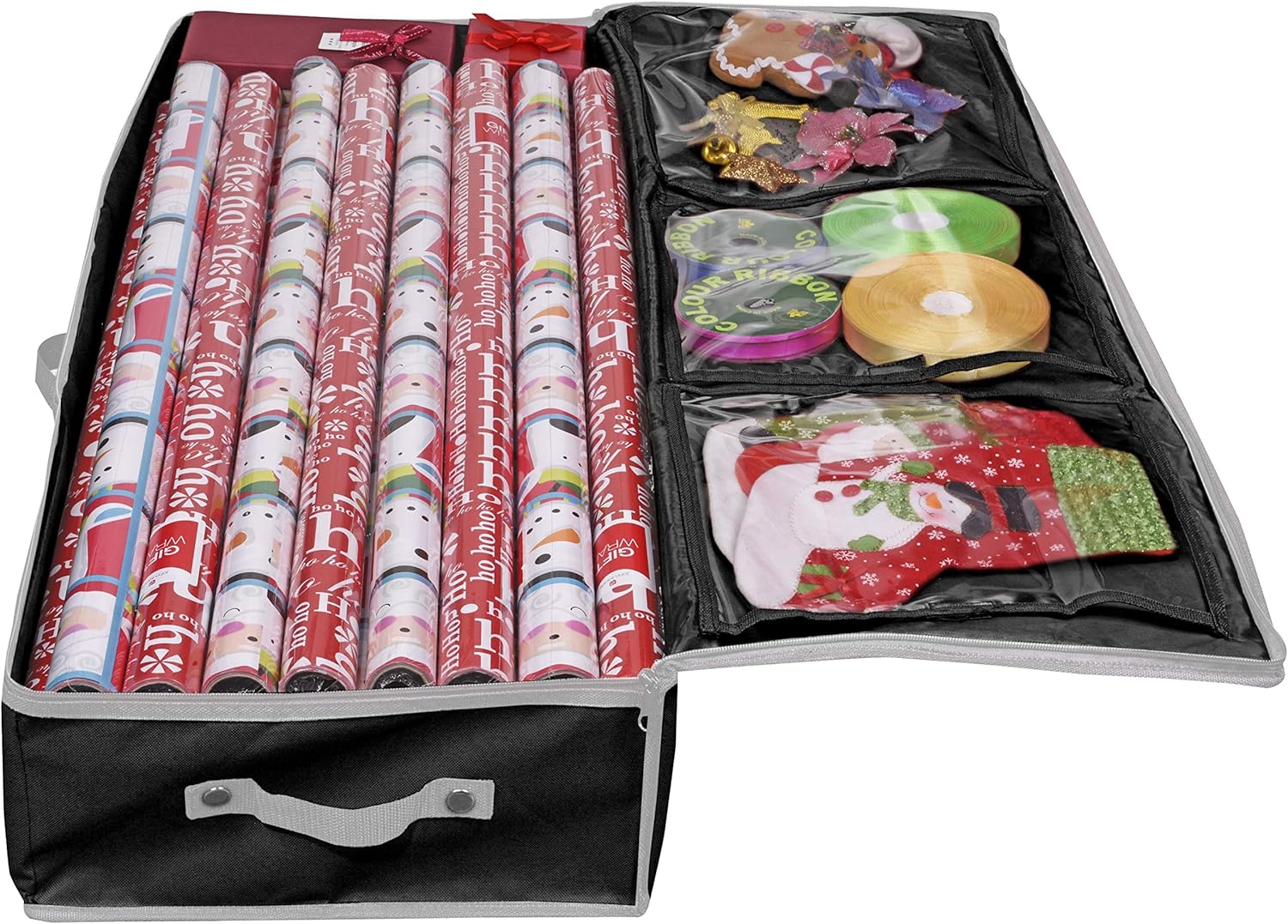 Primode Wrapping Paper Storage Container - Gift Wrap Organizer for Under Bed | 41”x14”x6” | Holds 18-24 Rolls Up to 40” | Durable 600D Oxford Material | Pockets for Ribbons and Bows (Black)