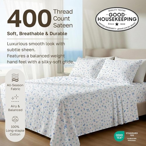 California Design Den Soft Full Cotton Sheet Set - 100% Cotton, 400 TC, Deep Pockets, Floral White/Blue