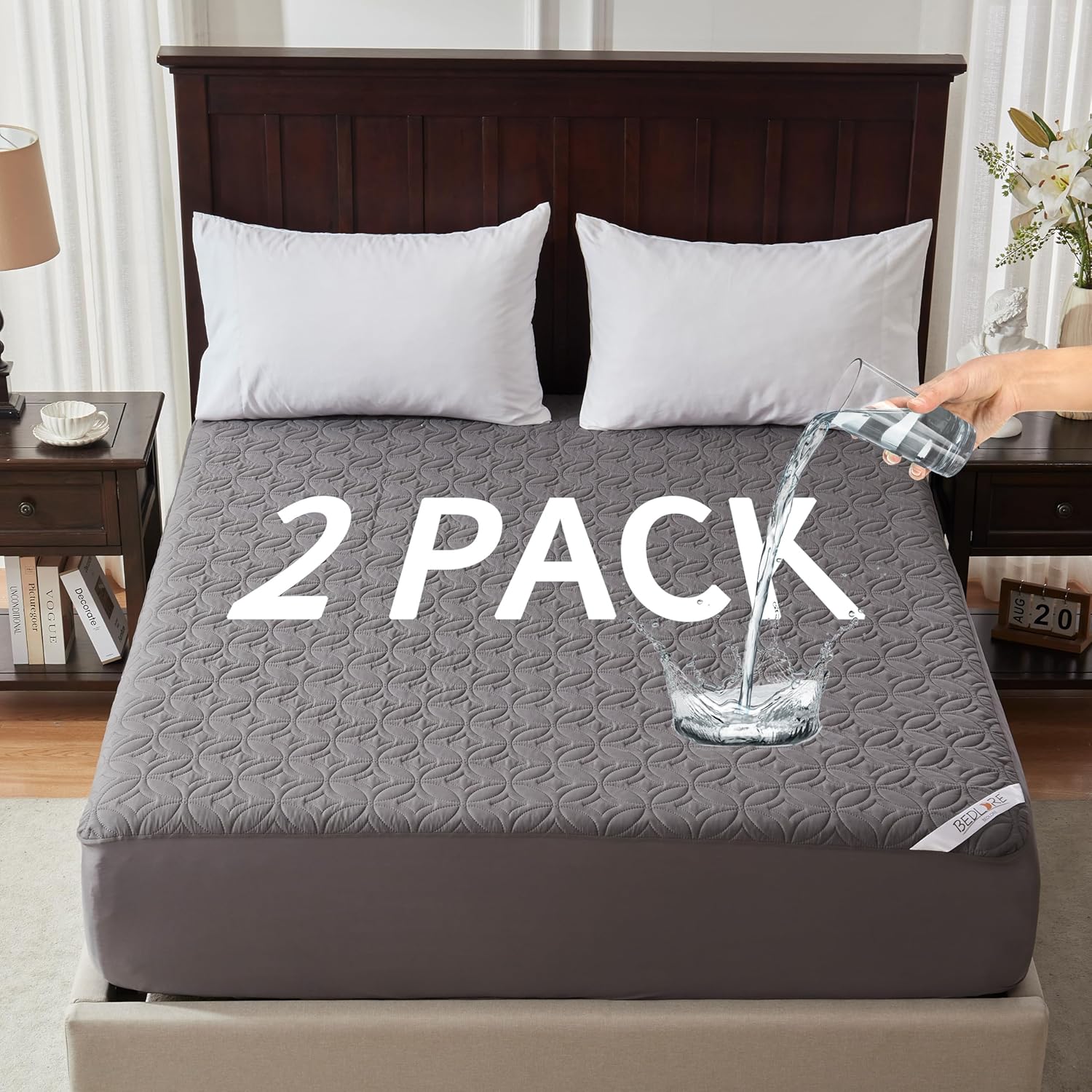 BEDLORE Waterproof Mattress Protector - Full Size Deep Pocket Pad (6"-15" Depth) - Soft & Breathable Gray Cover