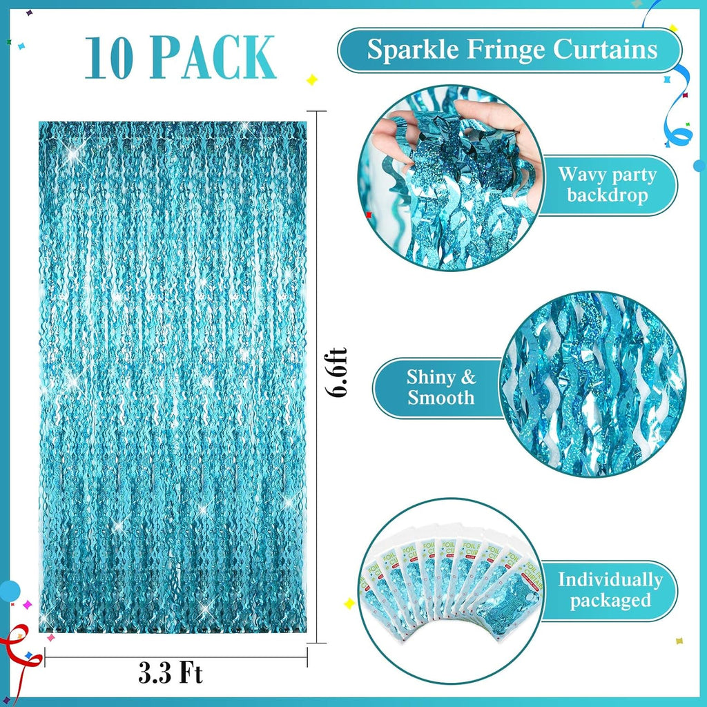 Skiennix Foil Fringe Backdrop - 10 Pieces Wavy Tinsel Curtain for New Year & Party Decor | Blue Green 3.3 x 6.6 Ft