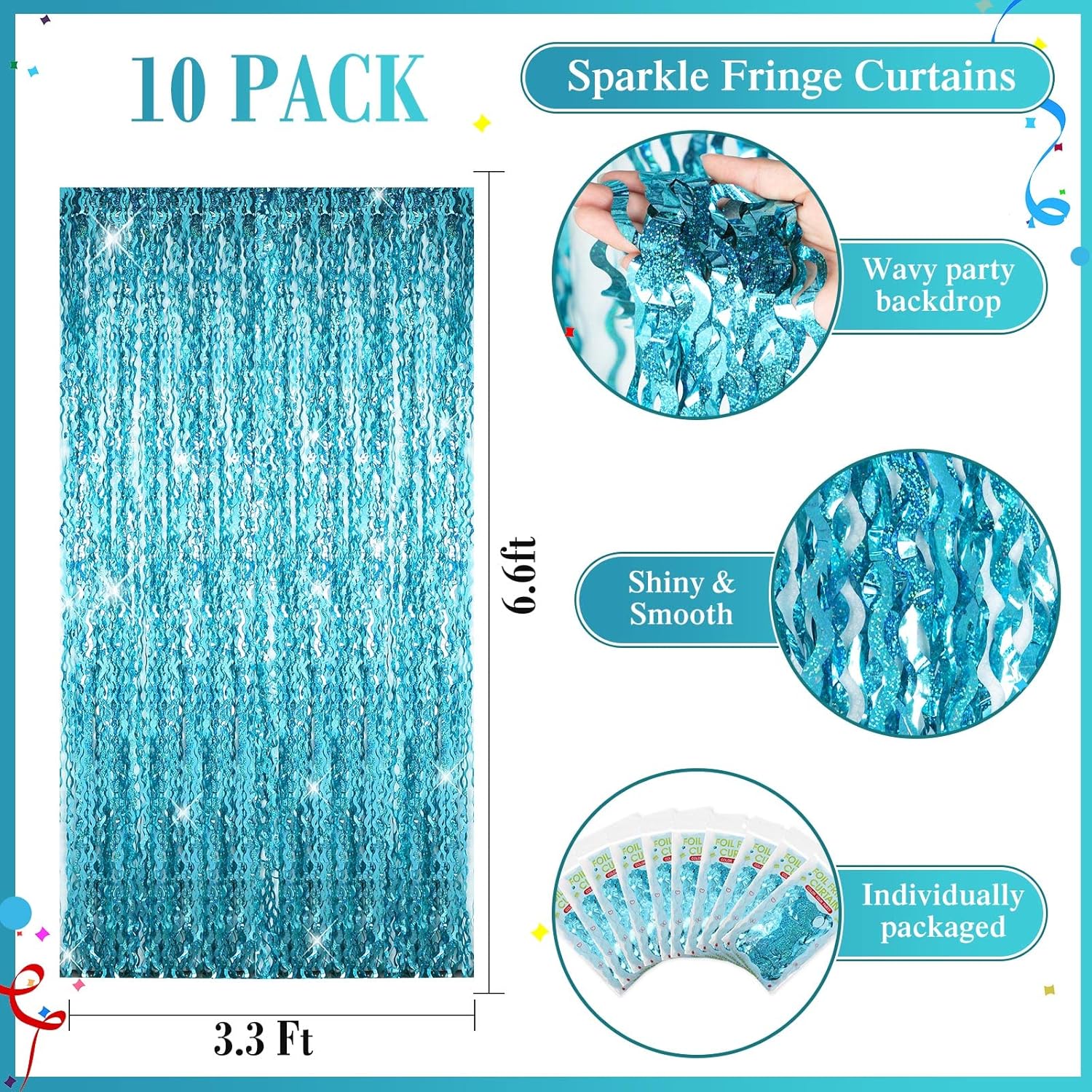 Skiennix Foil Fringe Backdrop - 10 Pieces Wavy Tinsel Curtain for New Year & Party Decor | Blue Green 3.3 x 6.6 Ft