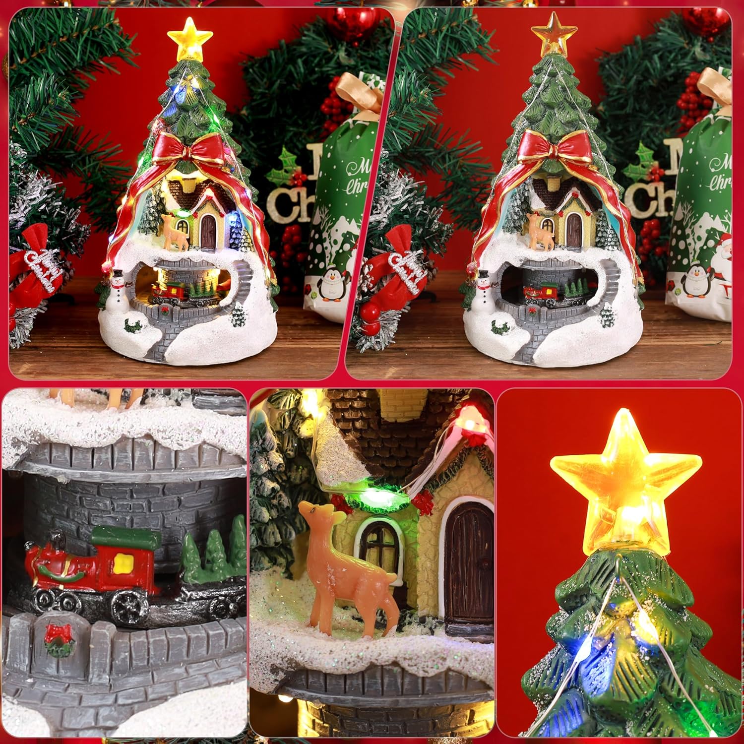 Musical Christmas Village with Spinning Train & Deer | Pre-Lit Artificial Tree - Battery & USB Operated - Festive Tabletop Decor