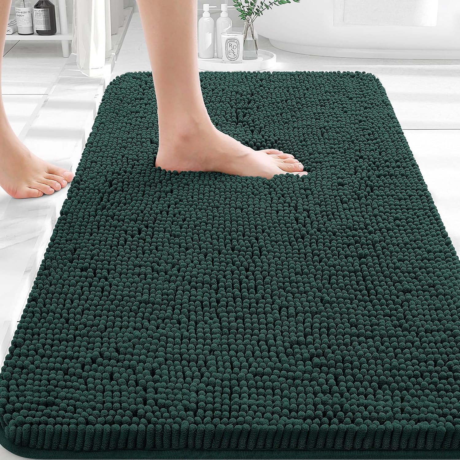 OLANLY Chenille Bath Rugs - Extra Soft & Absorbent | Quick Dry, Machine Washable, 35x24, Blackish Green