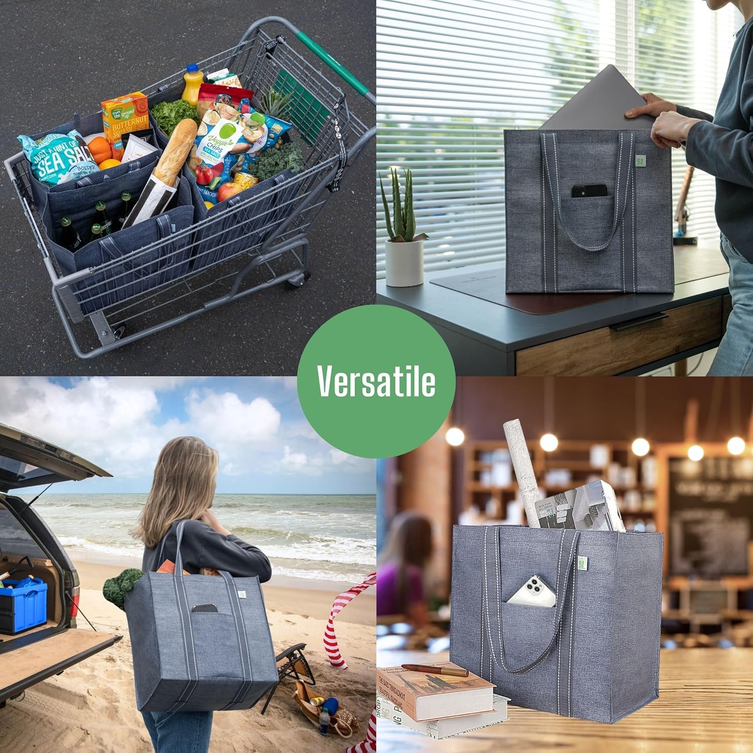 VENO Reusable Grocery Bags - Heavy-Duty Shopping Bags with Handles | Foldable & Upright Design (Gray, 4 Pack)