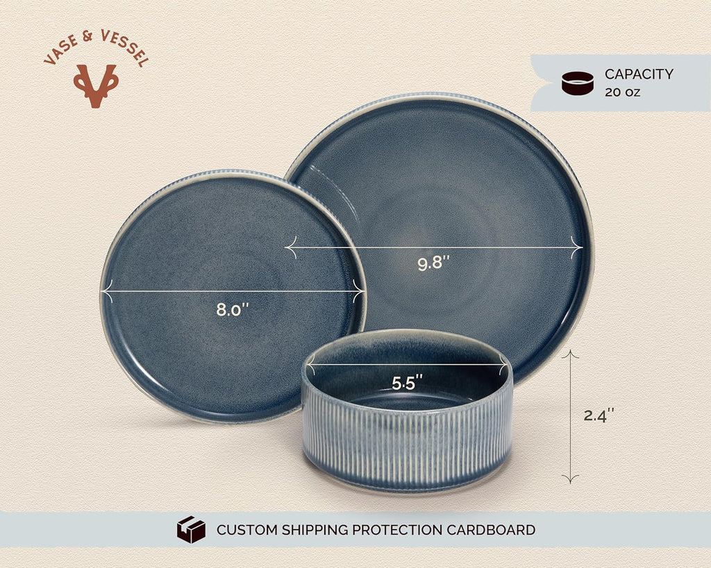 Vase and Vessel Ceramic Dinnerware Set - 12-Piece Service for 4 | Ombre Reactive Glaze, Durable Stoneware, Denim