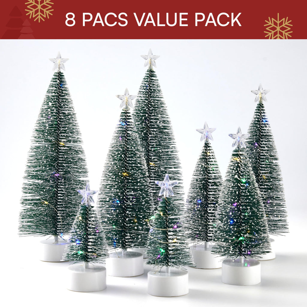 JOYIN 8 Pcs Mini Xmas Tree with LED Lights, Prelit Classic Small Christmas Decor in 4 Sizes with Star Topper, Tabletop Artificial Tree with Snow for Xmas Indoor Home Decor Holiday Festive (Green)