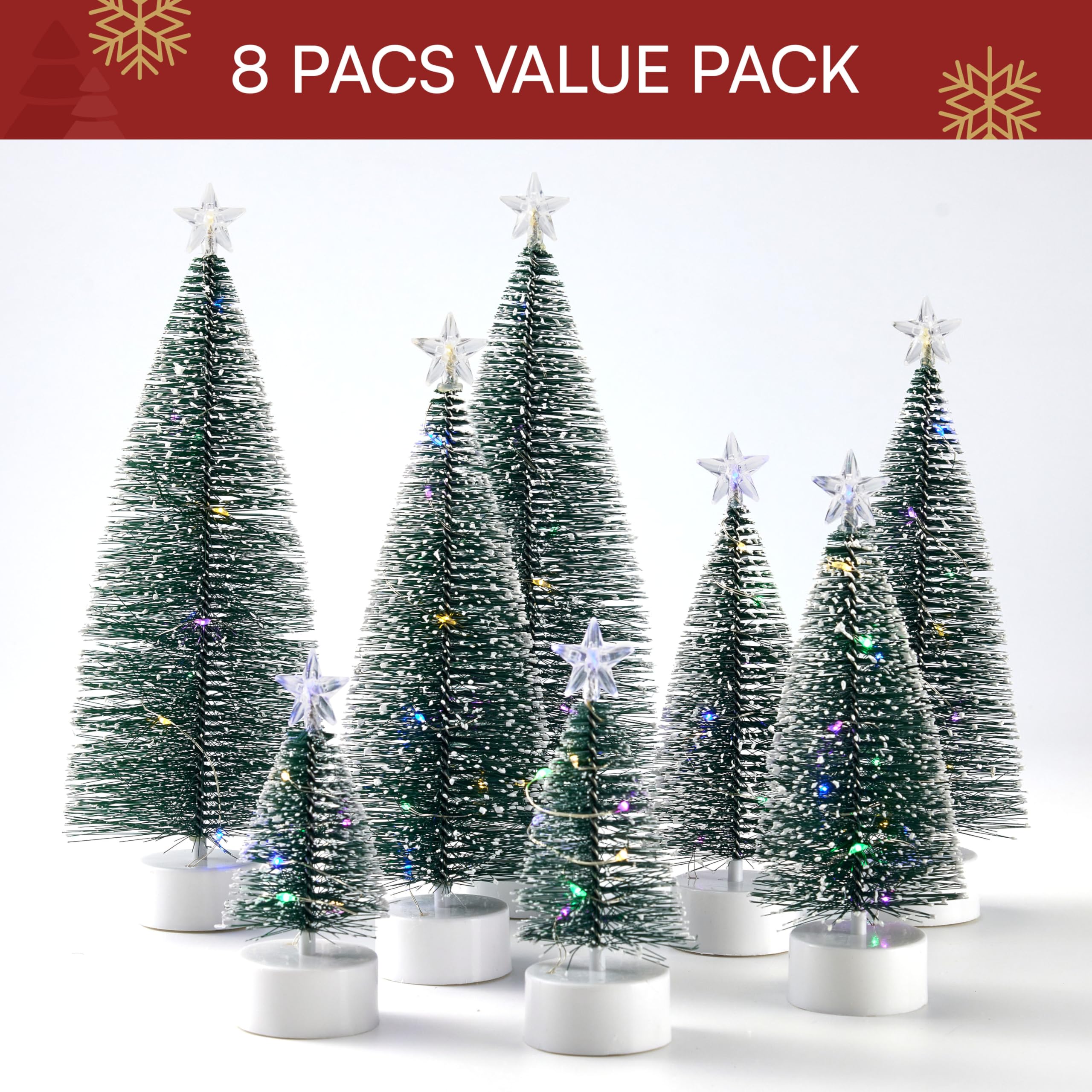 JOYIN 8 Pcs Mini Xmas Tree with LED Lights, Prelit Classic Small Christmas Decor in 4 Sizes with Star Topper, Tabletop Artificial Tree with Snow for Xmas Indoor Home Decor Holiday Festive (Green)