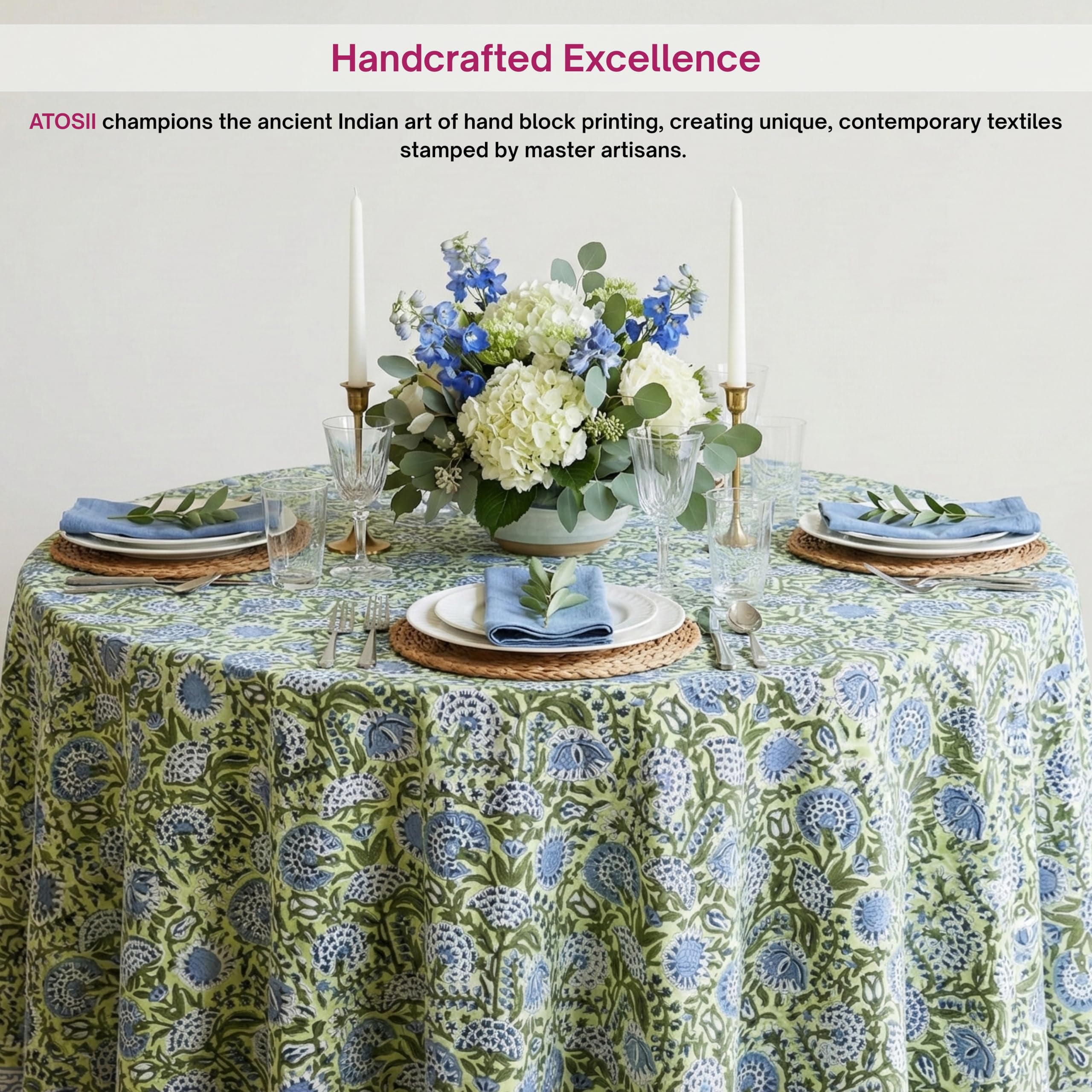 ATOSII Amara 100% Cotton Round Summer Tablecloth, Handblock Print Floral Table Cloth for Kitchen Dining Linen I Parties, Weddings, Outdoors I Grand Millennial Farmhouse Home Decor 72" Inches Round