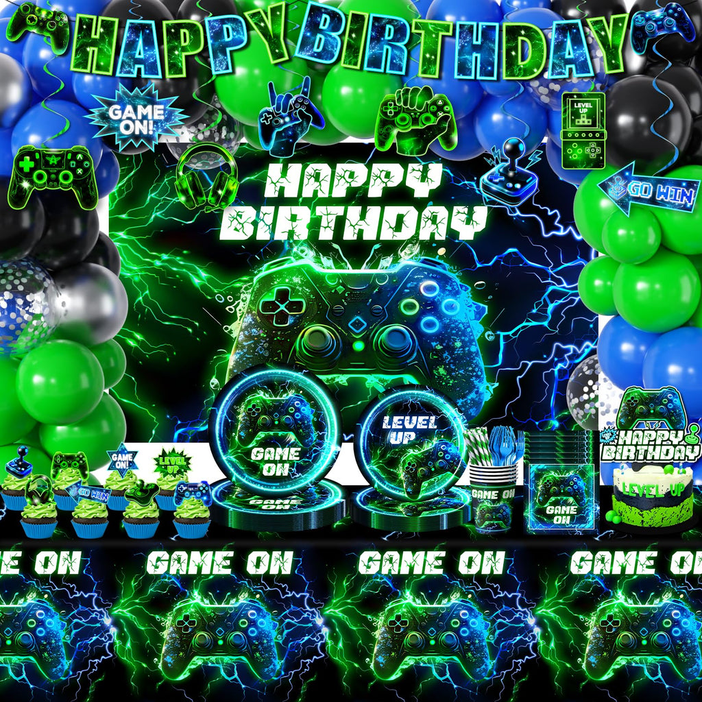 Video Game Birthday Decorations,260pcs Gaming Party Decorations Gamer Birthday Party Decorations Plates and Napkins Cups Tablecloth, Game Party Decorations for Boys Cake Topper Hanging Swirls