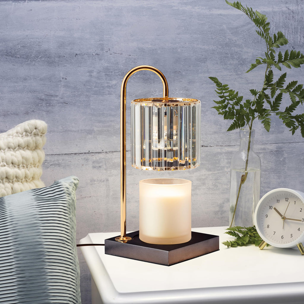 Mikasa 13.8 Inch Clear Glass Shade Electric Candle Warmer with Wood Base - Flameless Candle Melter for Home Decor, Safe Fragrance Diffuser Lamp, Fits Jar Candles Up to 4 Inches, 50W Halogen Bulb