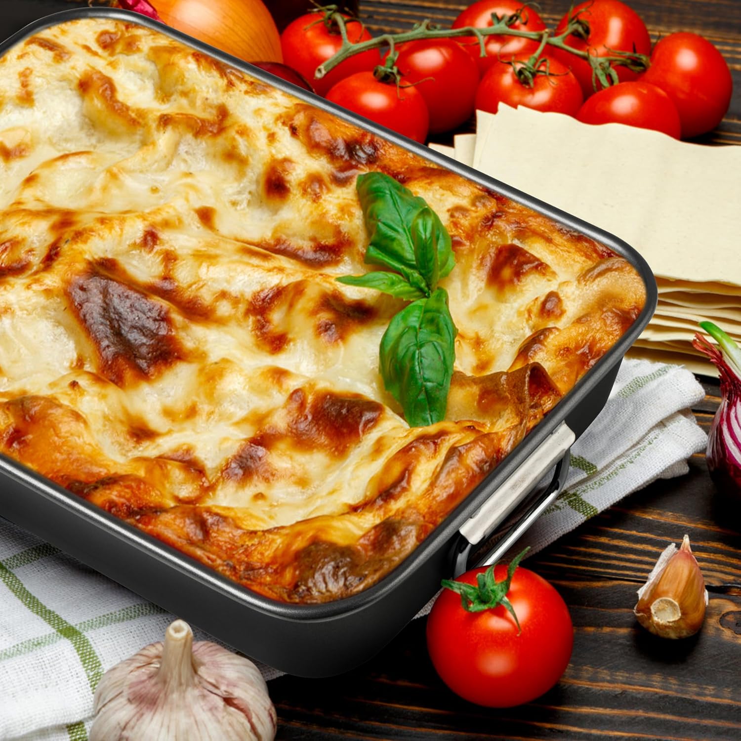 Tiawudi Lasagna Pan - Nonstick Rectangular Bakeware with Handles | 15x10x3 Inch Heavy-Duty Roasting Dish